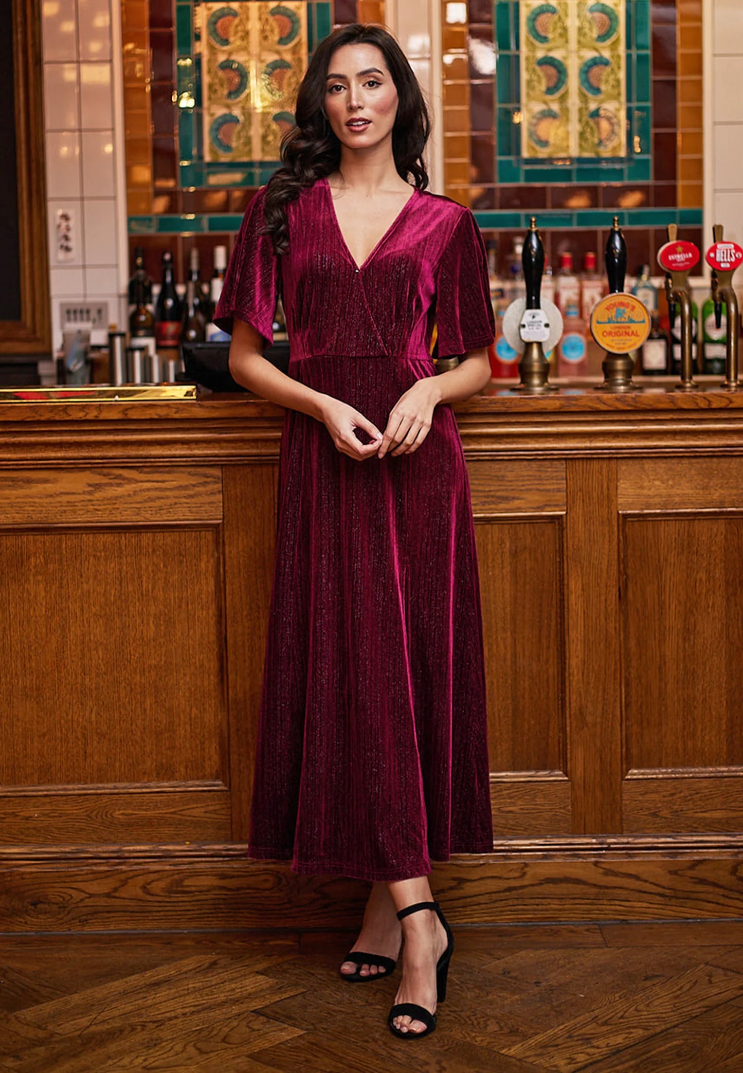 Dover Midi Velvet Dress in Burgundy Shimmer