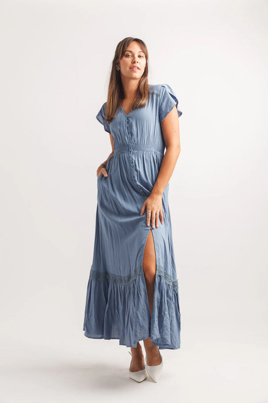 Solid Lace Inset Maxi Dress With Pockets (DenimBlue)
