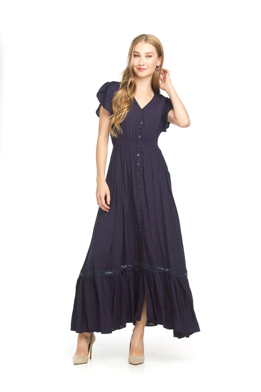 Solid Lace Inset Maxi Dress (Navy)