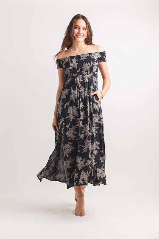 Leaf Print Smocked Off The Shoulder Maxi Dress (Navy)