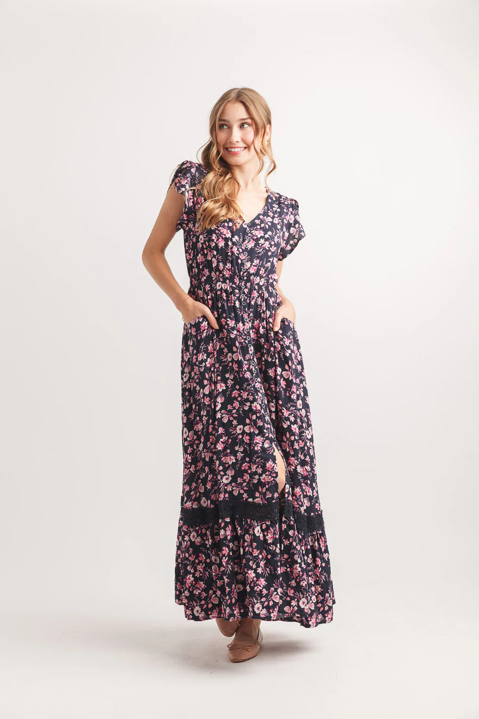 Floral Short Sleeve Button Front Maxi Dress With Lace