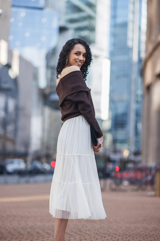 Tiered Pleated Tulle Skirt With Pearl  Details  (Cream)