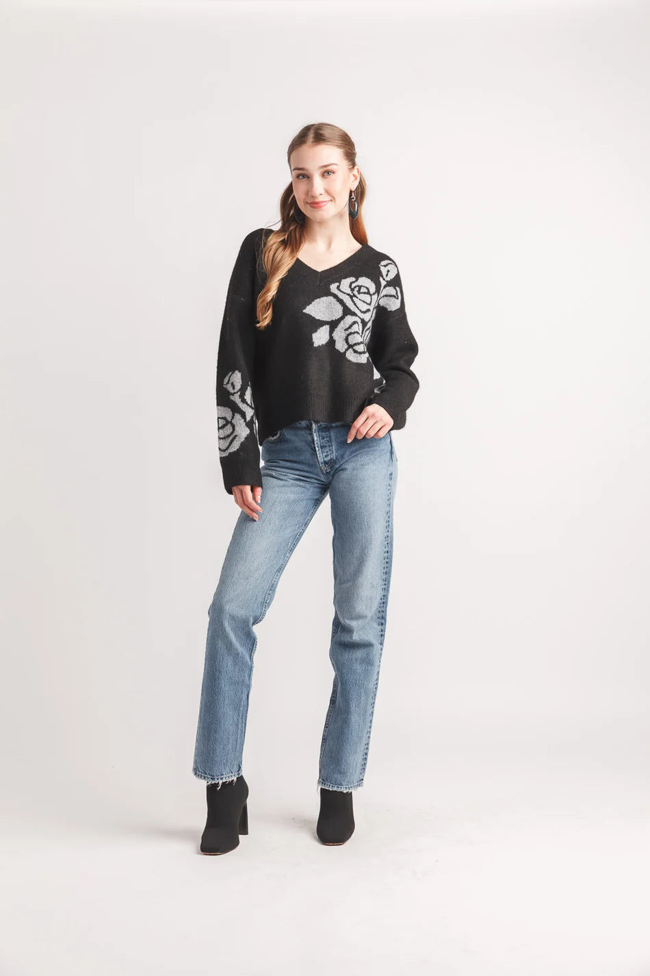 Floral Intarsia V Neck Sweater