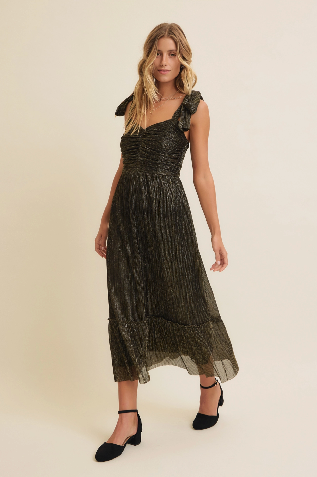 Metallic Mesh Shoulder Tie Pleated Midi Dress