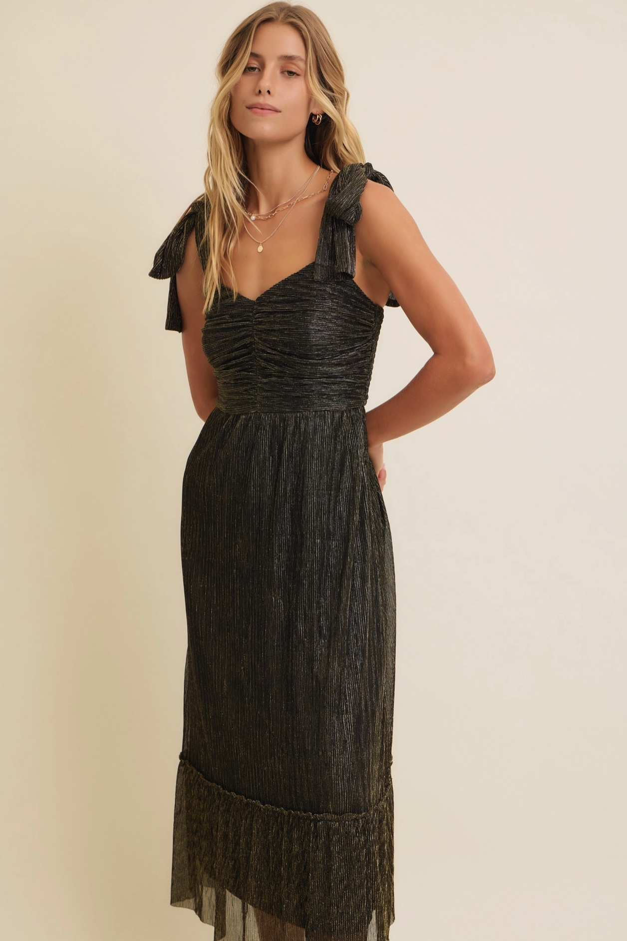 Metallic Mesh Shoulder Tie Pleated Midi Dress