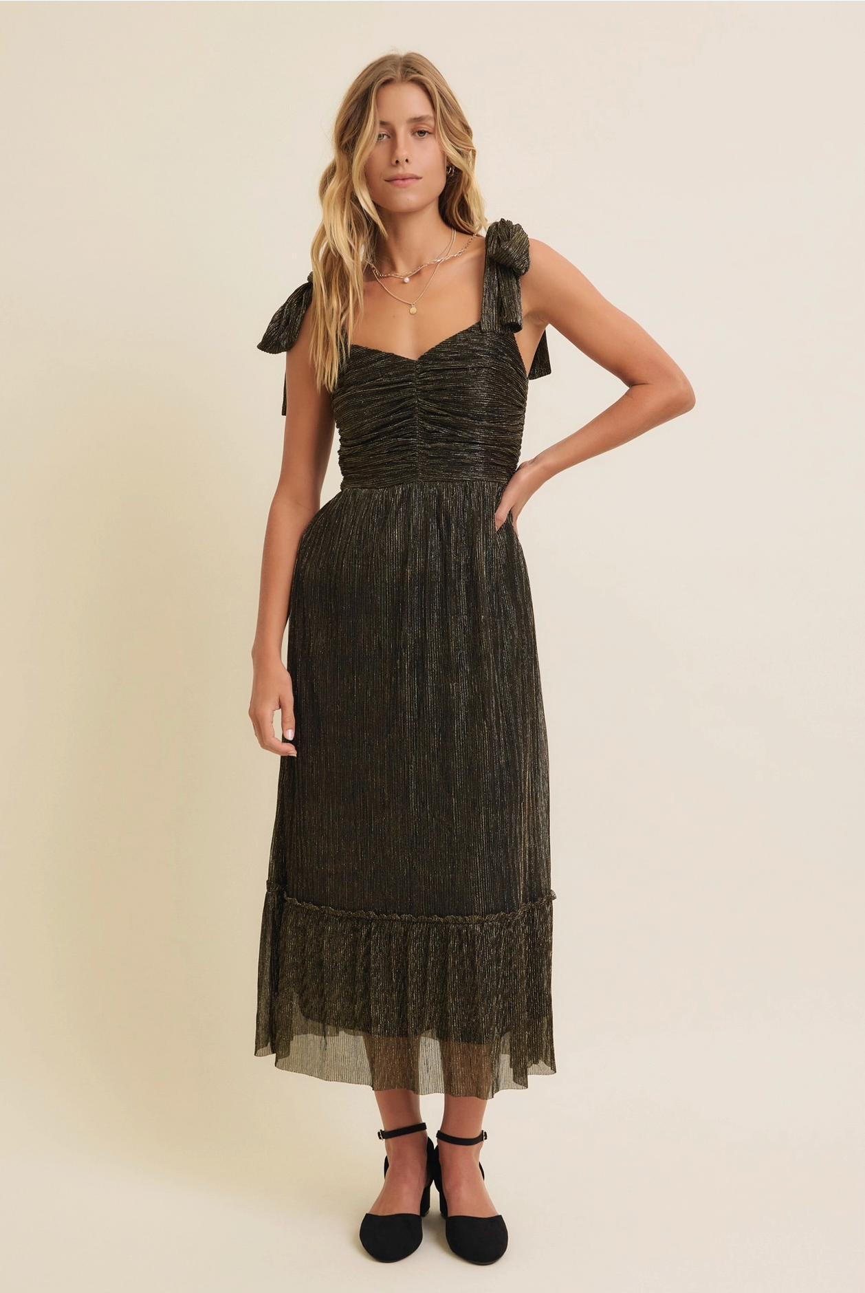 Metallic Mesh Shoulder Tie Pleated Midi Dress