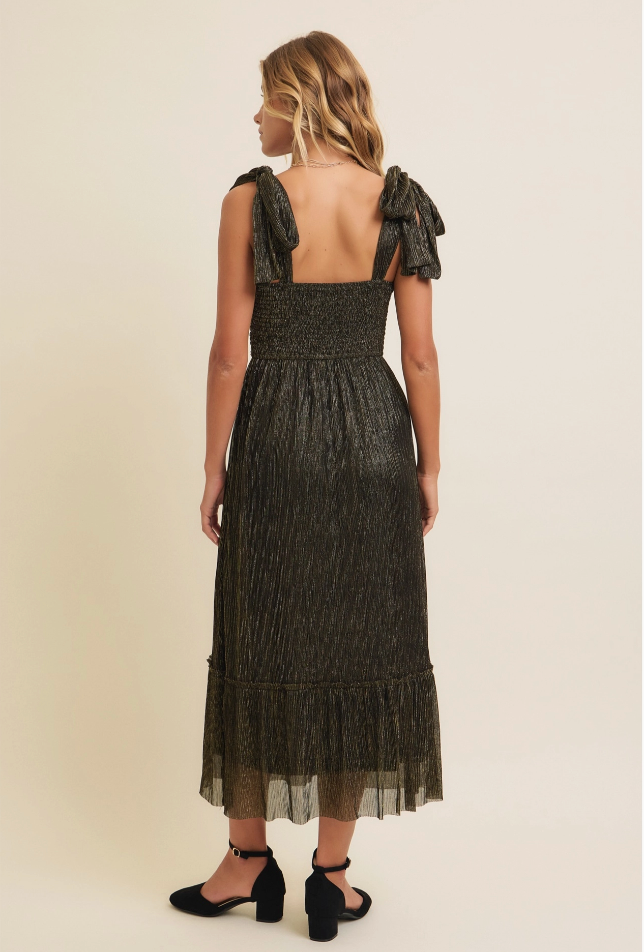 Metallic Mesh Shoulder Tie Pleated Midi Dress
