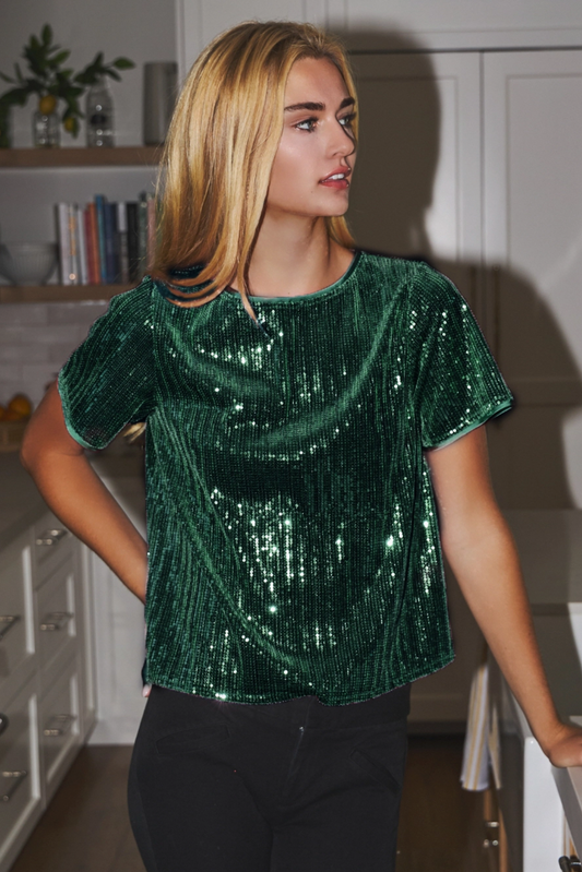 Holiday Sequin Velvet Short Sleeve Basic Top