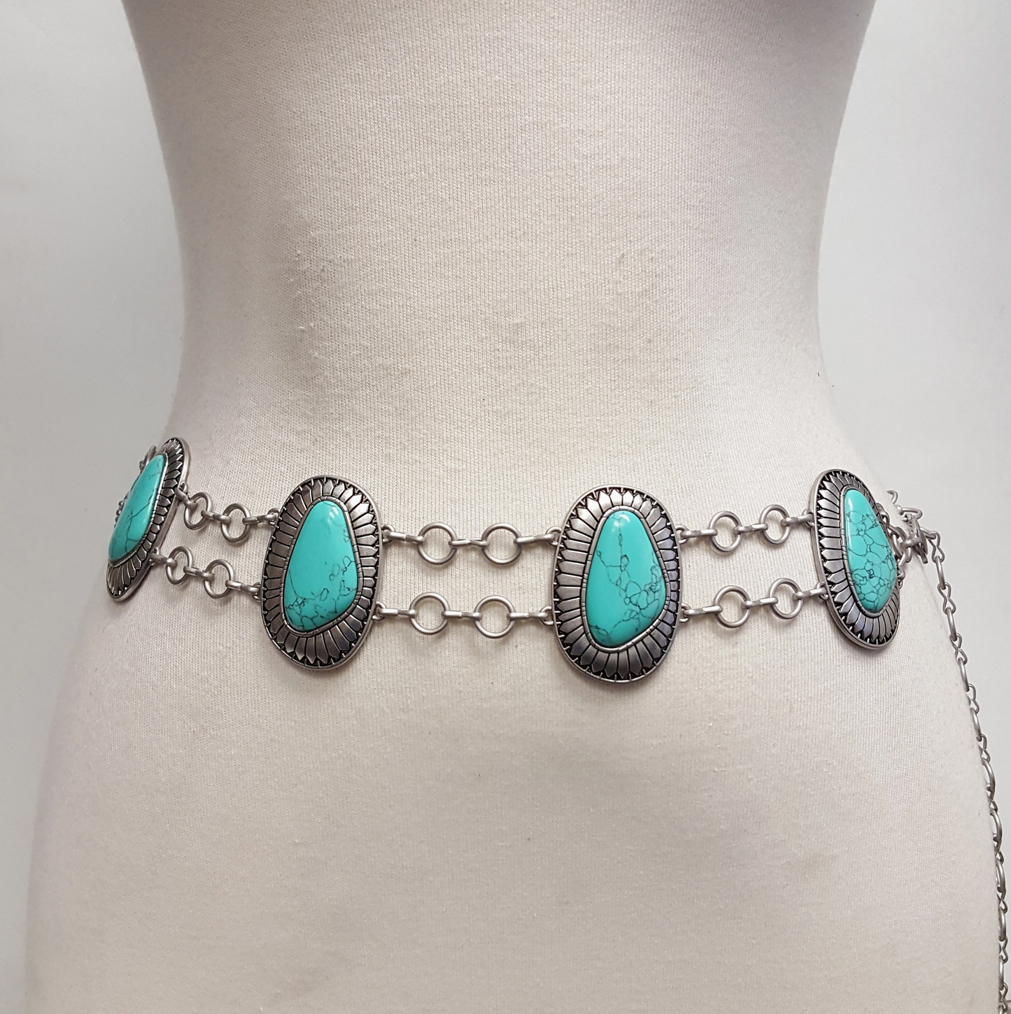 Silver Western Concho Double-Chain Belt with Stones