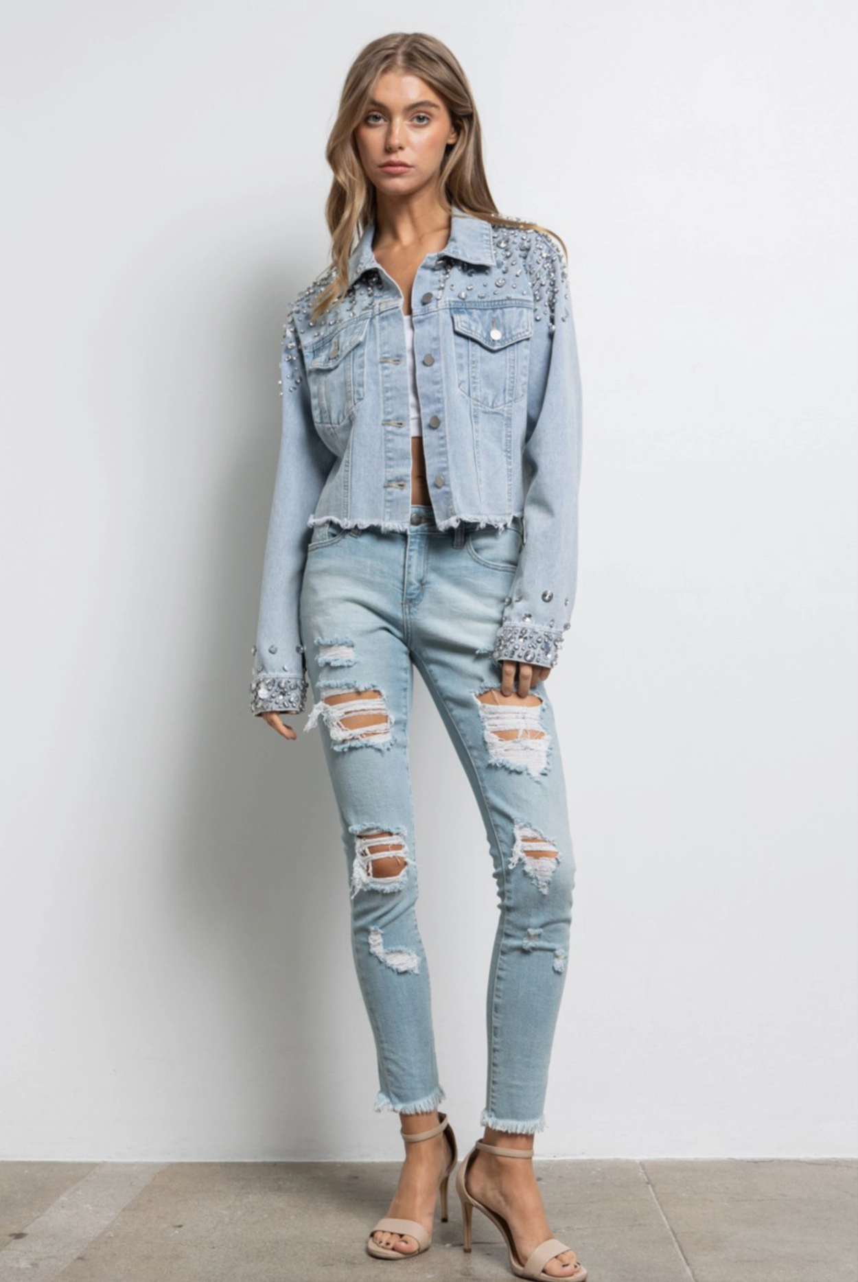 Rhinestone Embellished Cropped Denim Jacket
