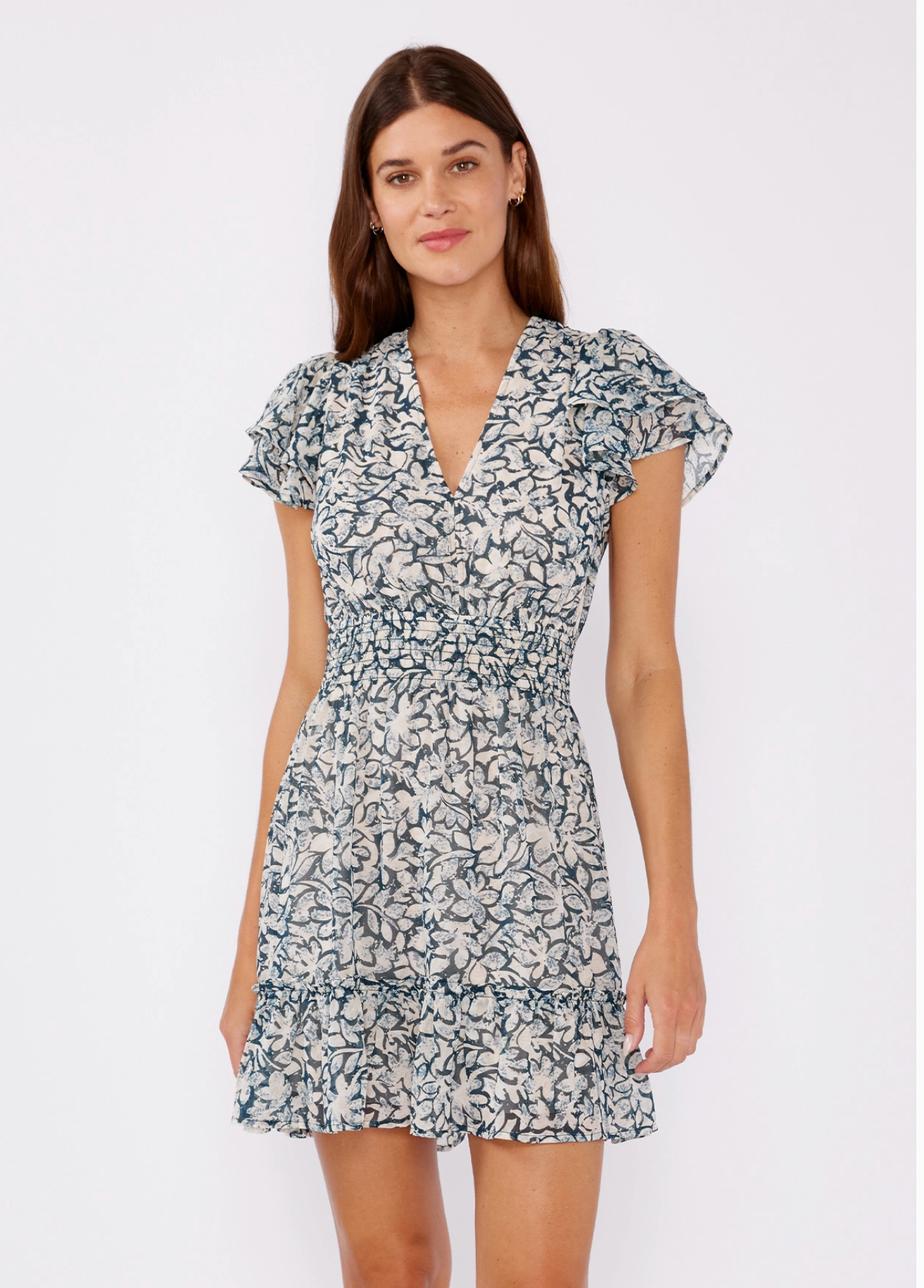 Floral Chiffon Open Back V Neck Mini Dress