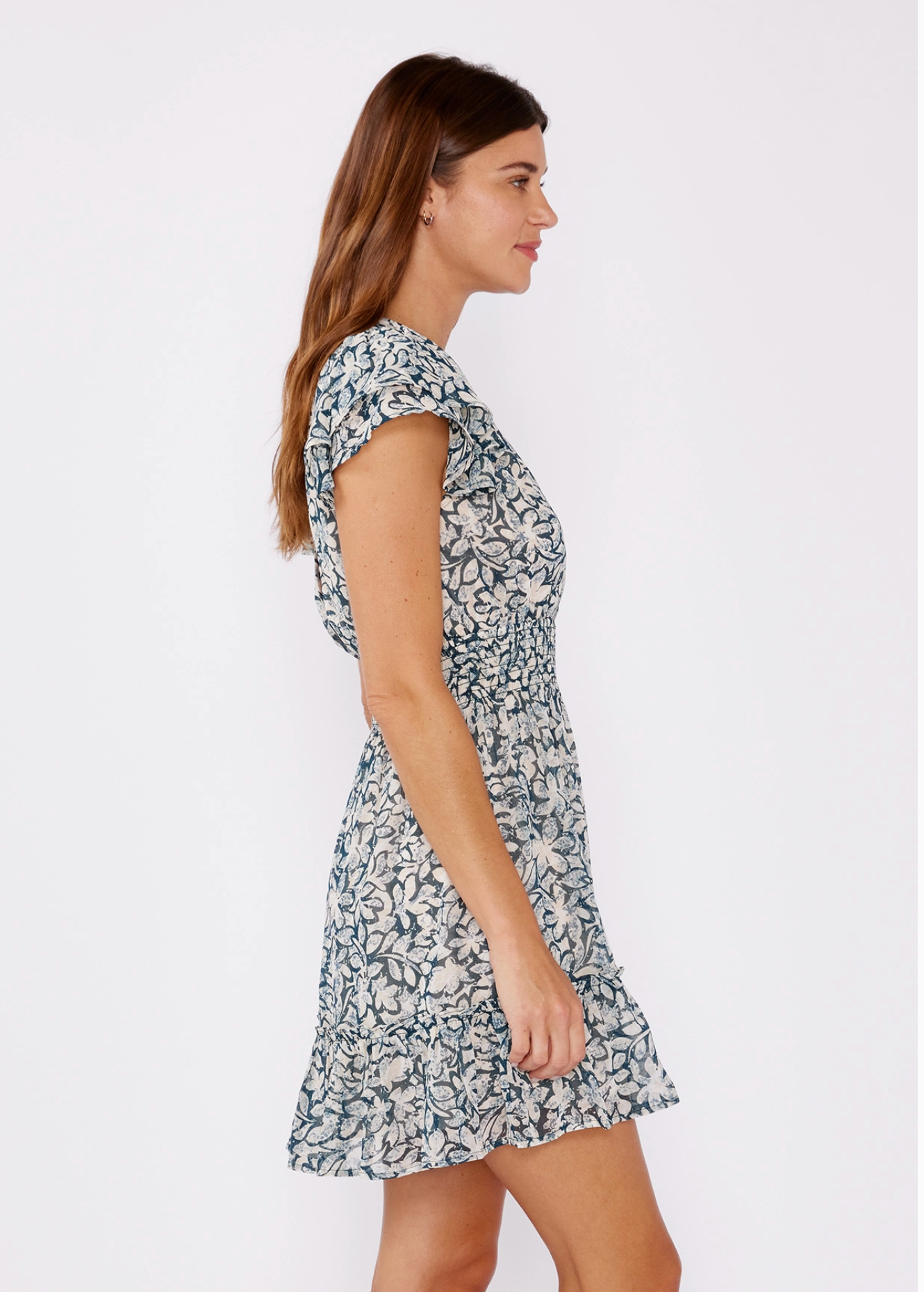 Floral Chiffon Open Back V Neck Mini Dress