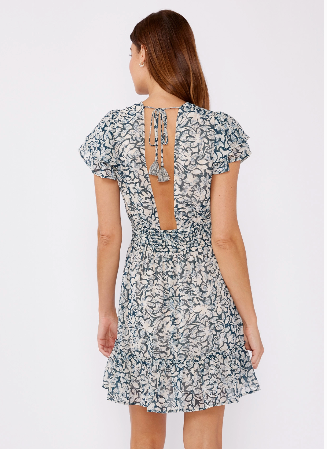 Floral Chiffon Open Back V Neck Mini Dress