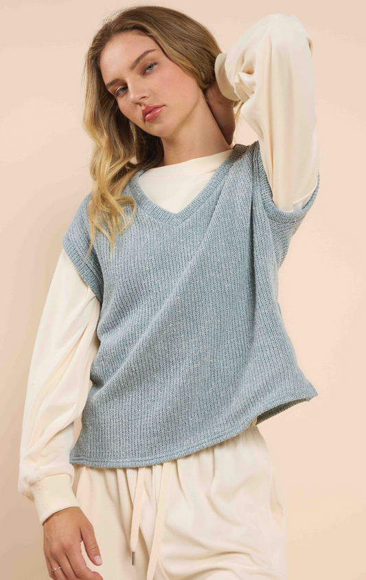 Silver Lining V Neck Knit Top (Dusty Sky)