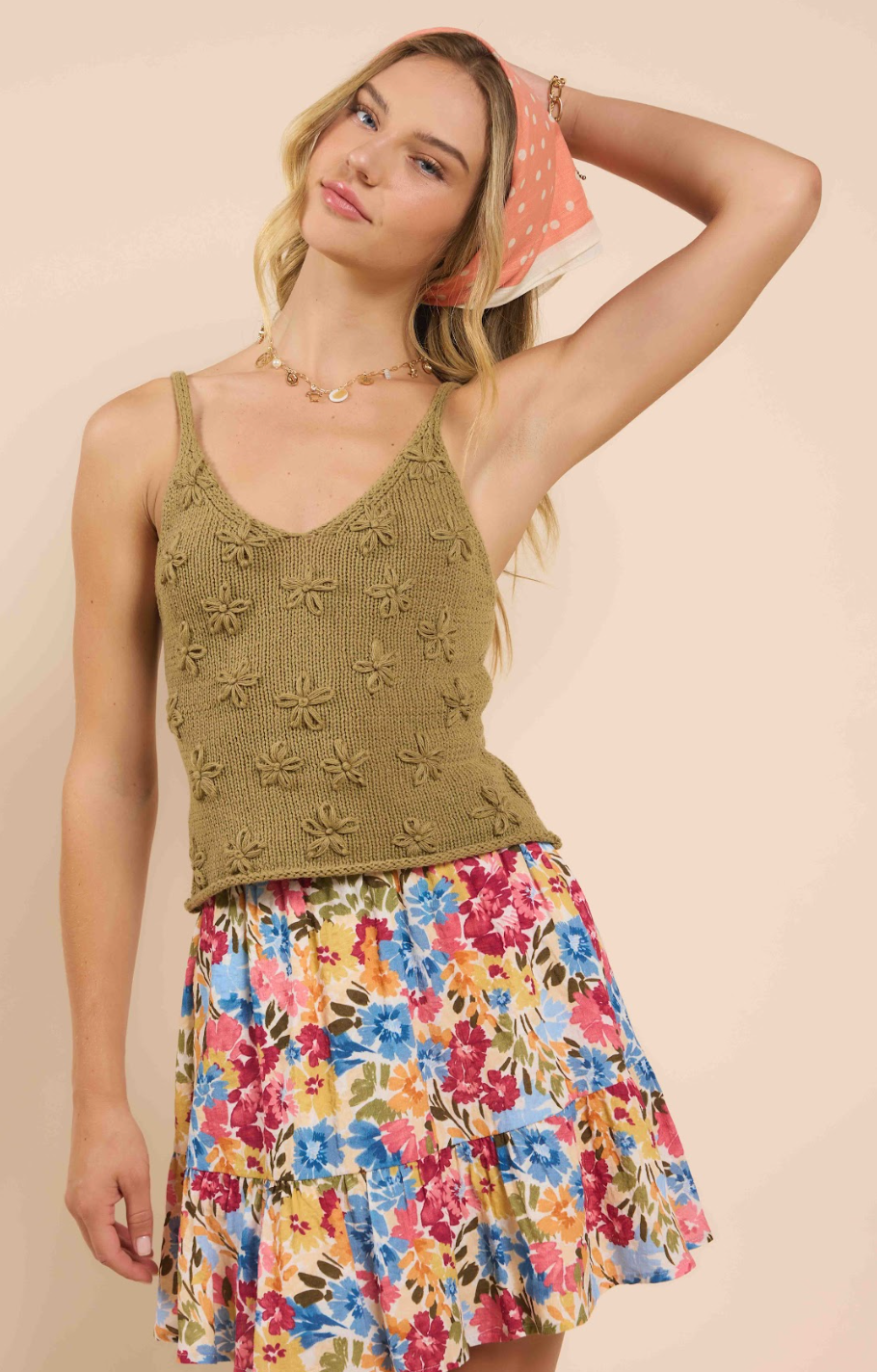 Dixie Flower Embroidery Knit Tank (Dark Sage)