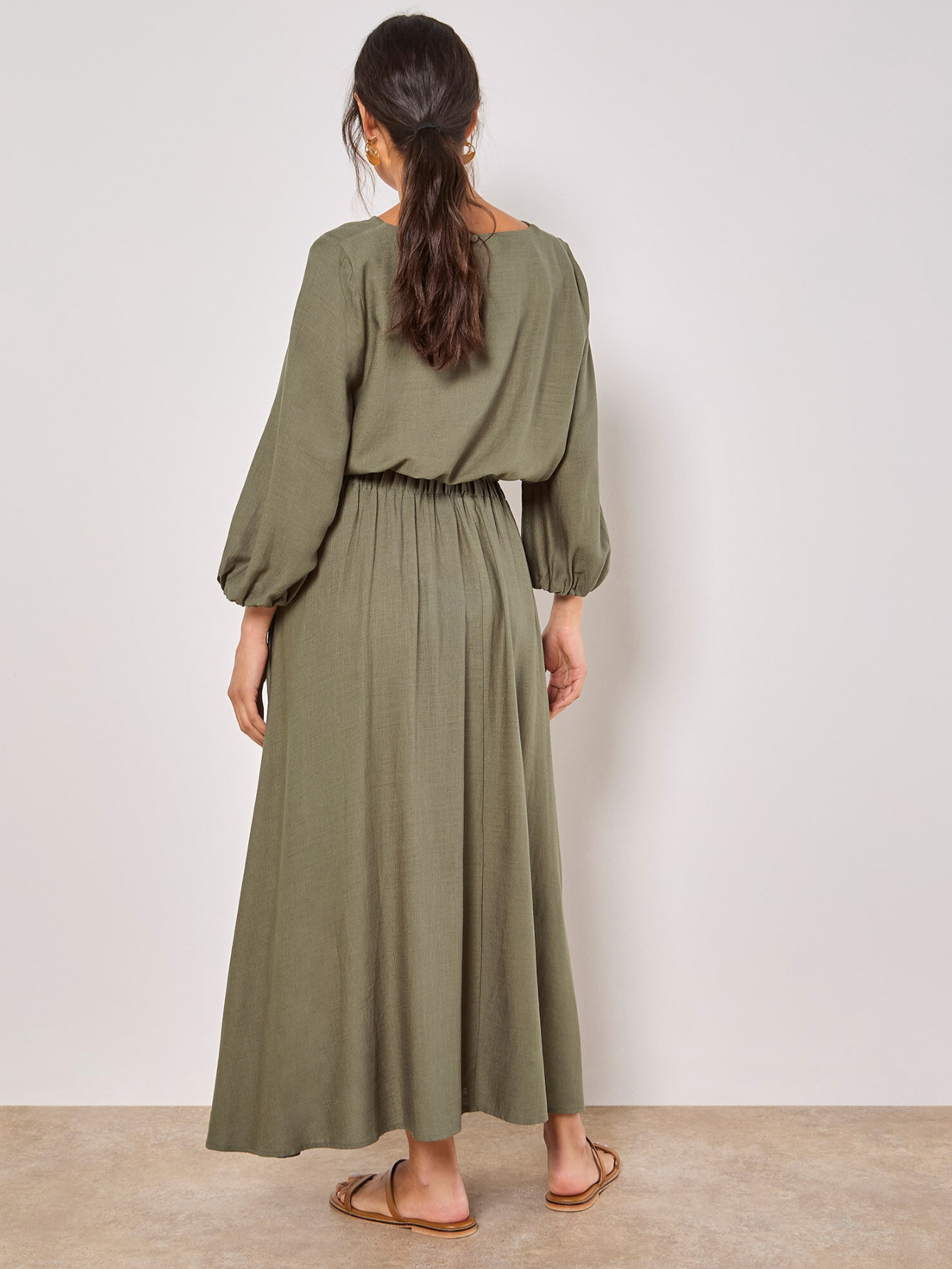 Linen Pleated Midi Skirt (Khaki)