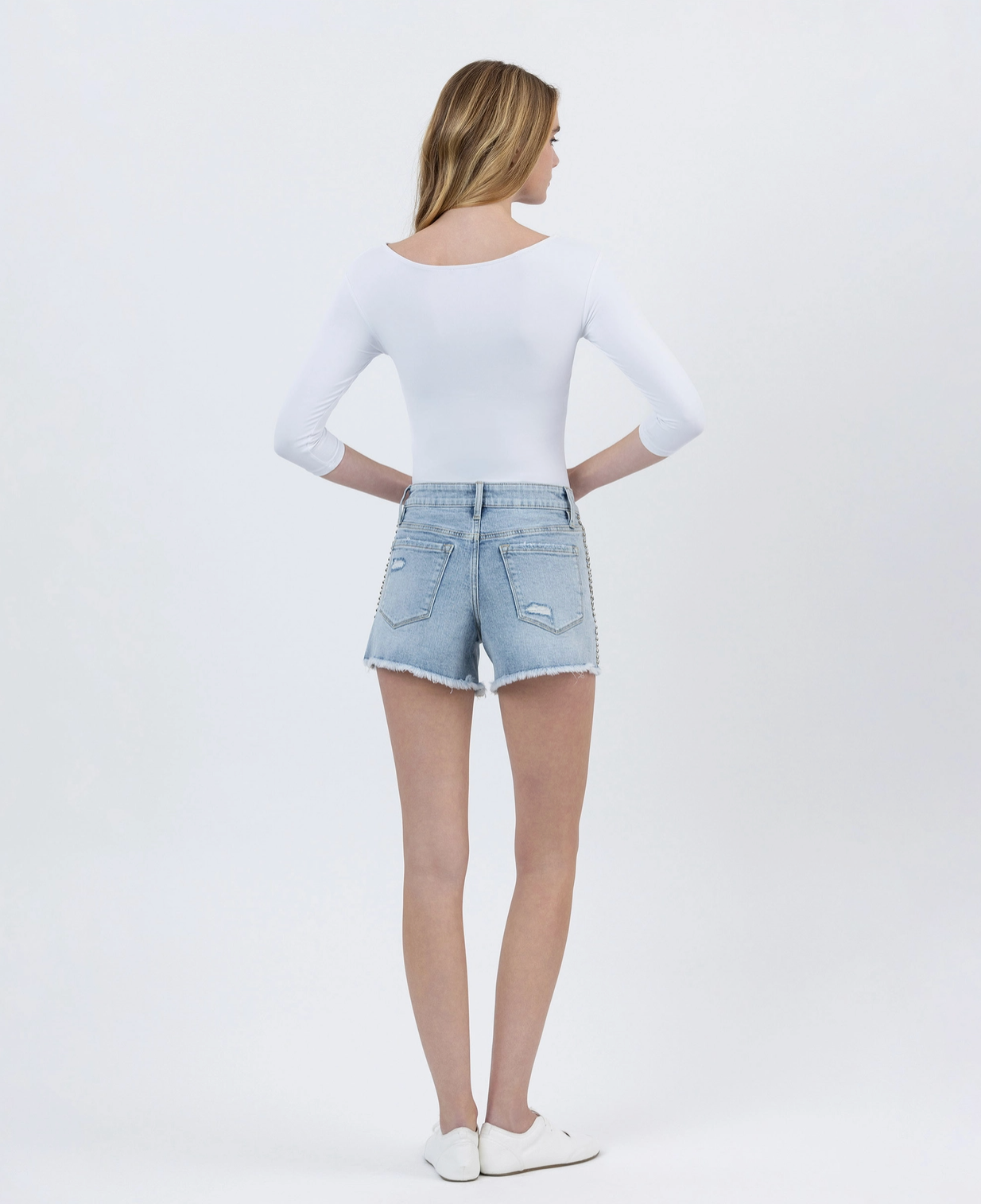 High Rise Distressed Studded Denim Shorts (Rebecca)