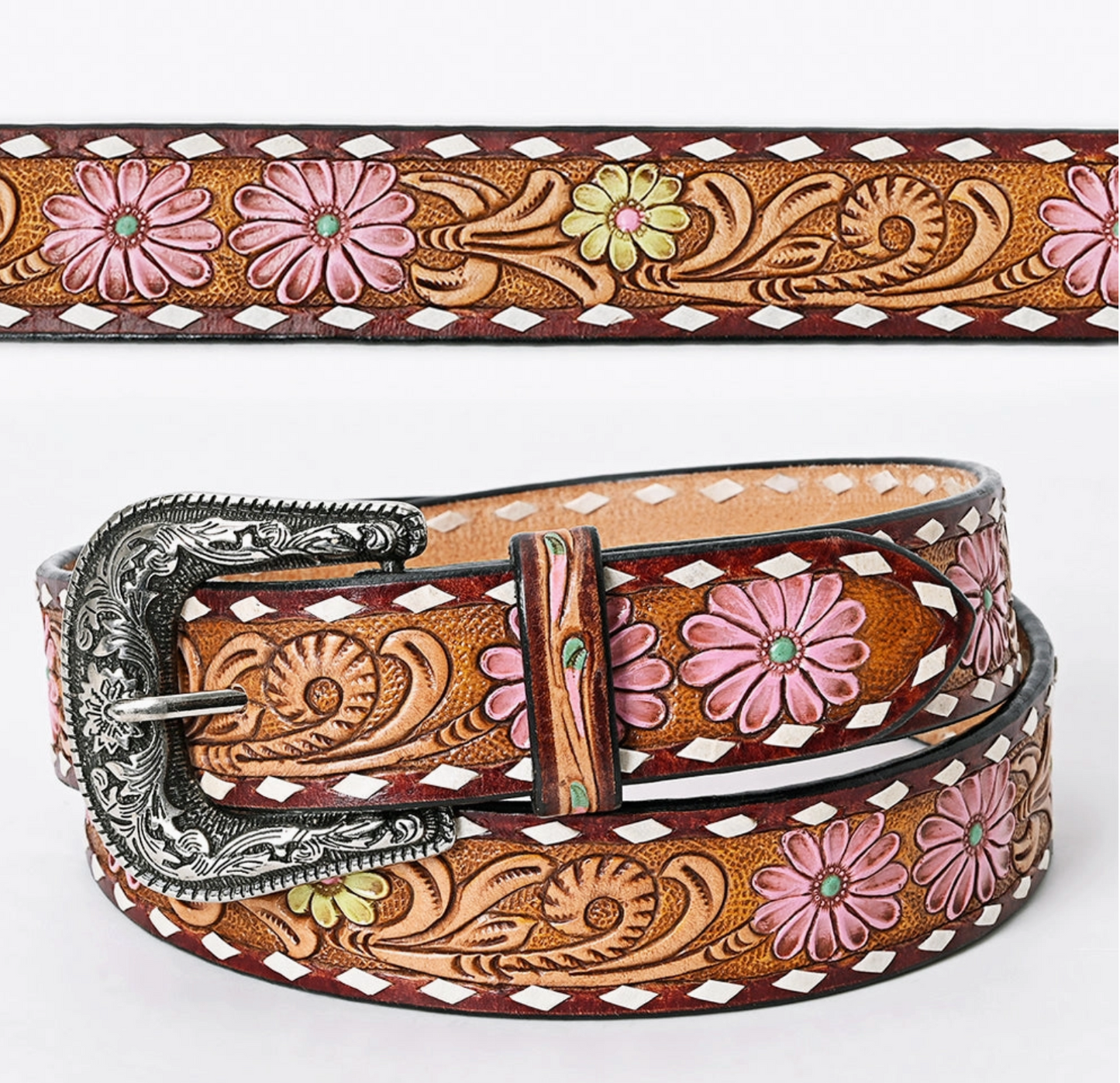 Embossed Floral Leather Belt