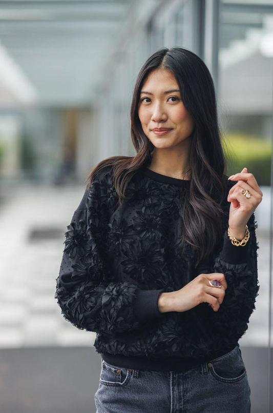 3D Floral Knit Sweater With Rib Trim