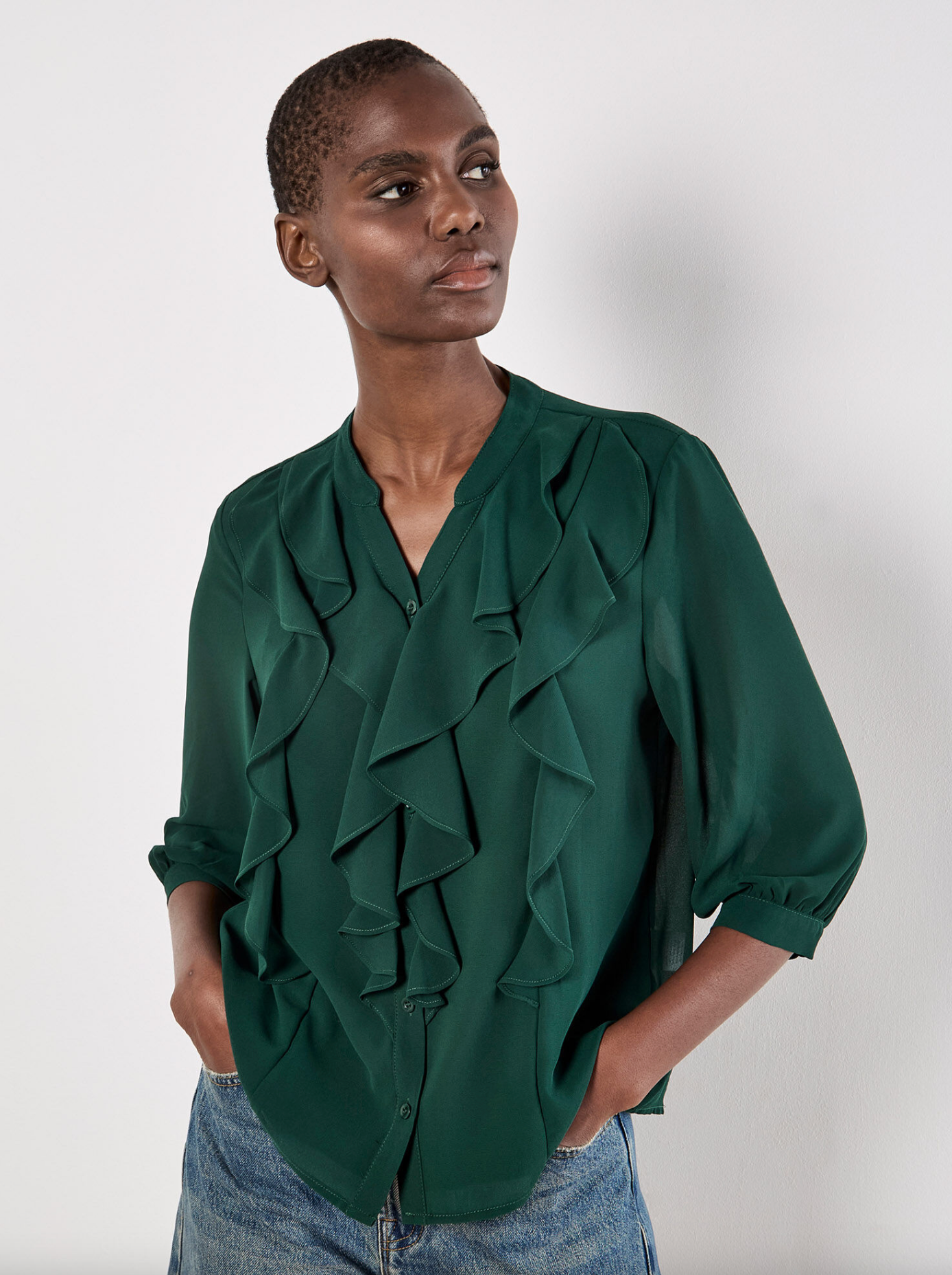 Ruffle Front Chiffon Blouse (Green)