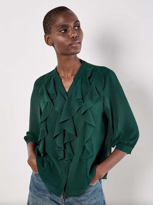 Ruffle Front Chiffon Blouse (Green)