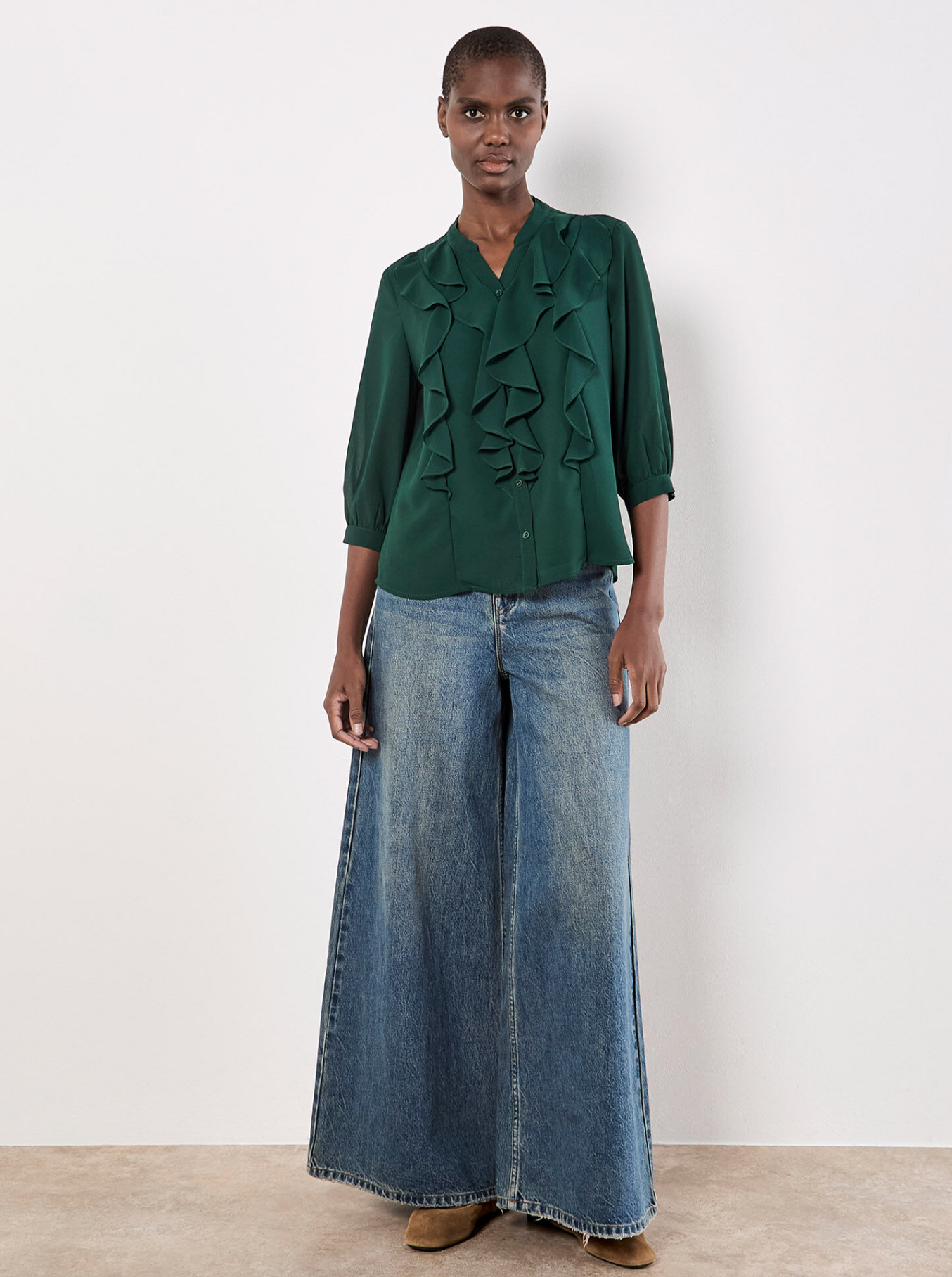 Ruffle Front Chiffon Blouse (Green)