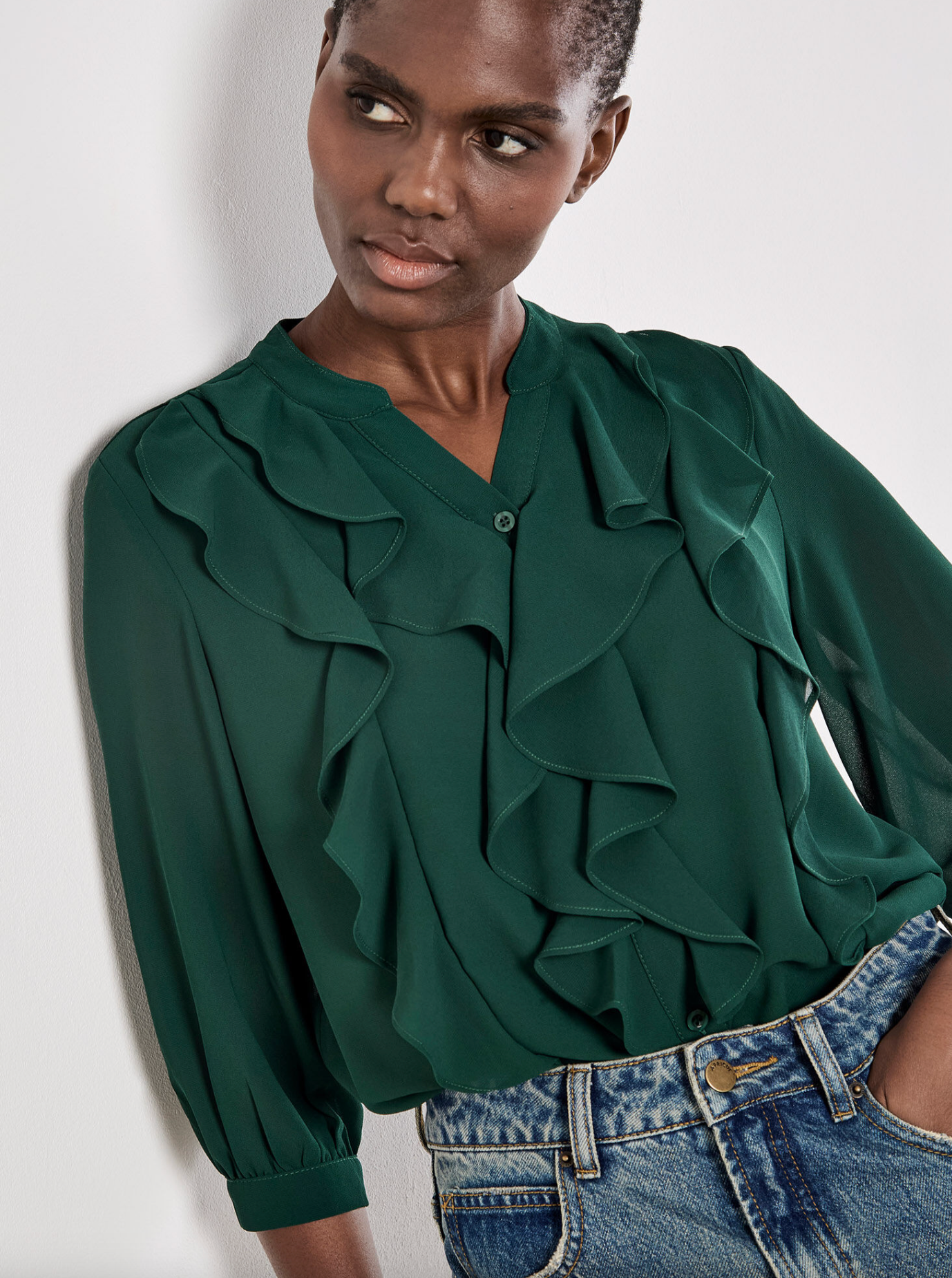 Ruffle Front Chiffon Blouse (Green)