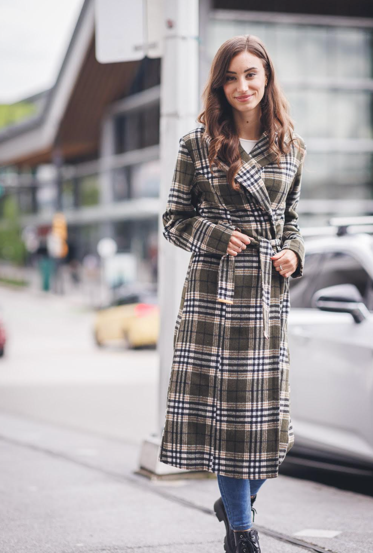 Plaid Belted wrap Coat (Olive)