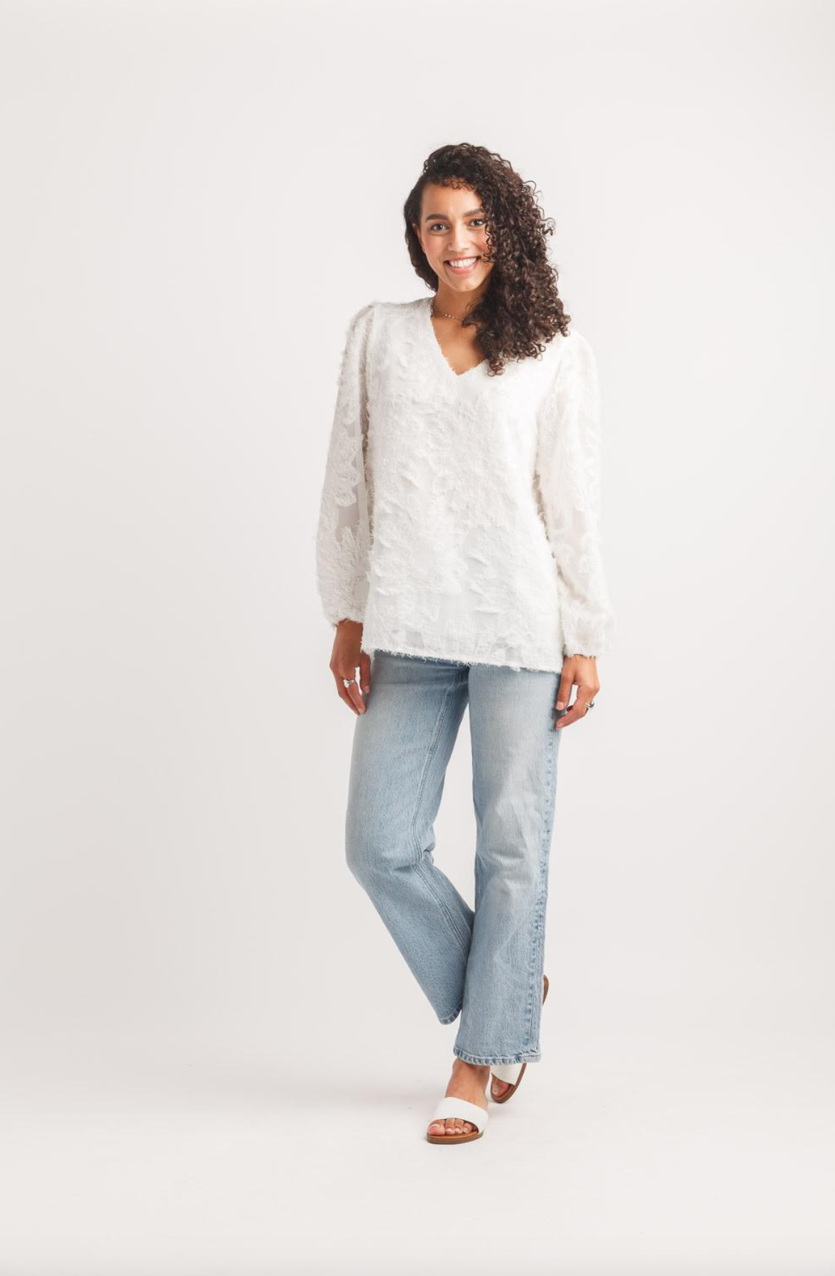 Floral Flocked V Neck Blouse