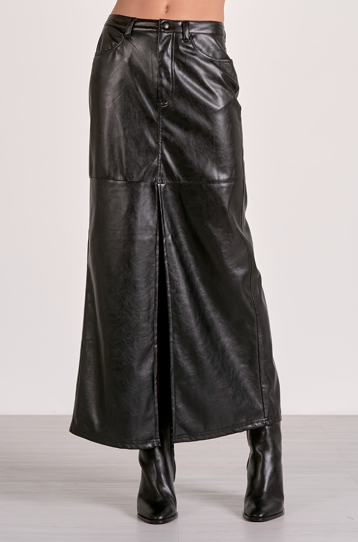 Faux Leather Midi Skirt (Black)