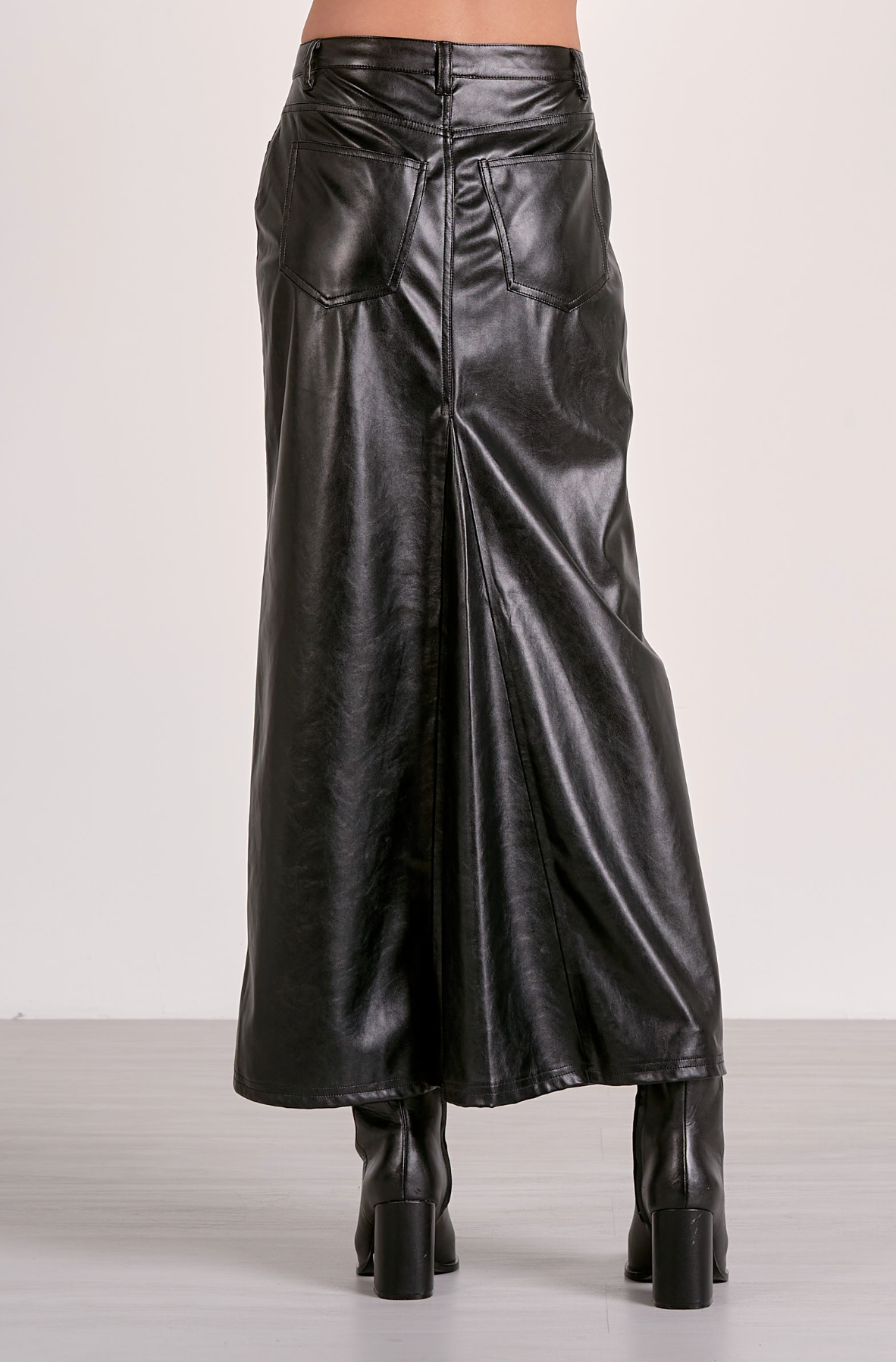 Faux Leather Midi Skirt (Black)