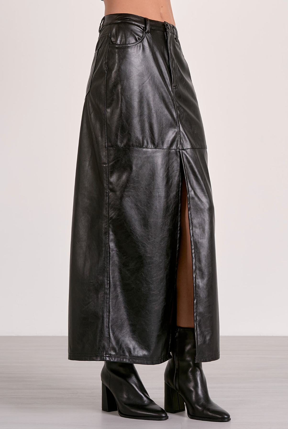 Faux Leather Midi Skirt (Black)