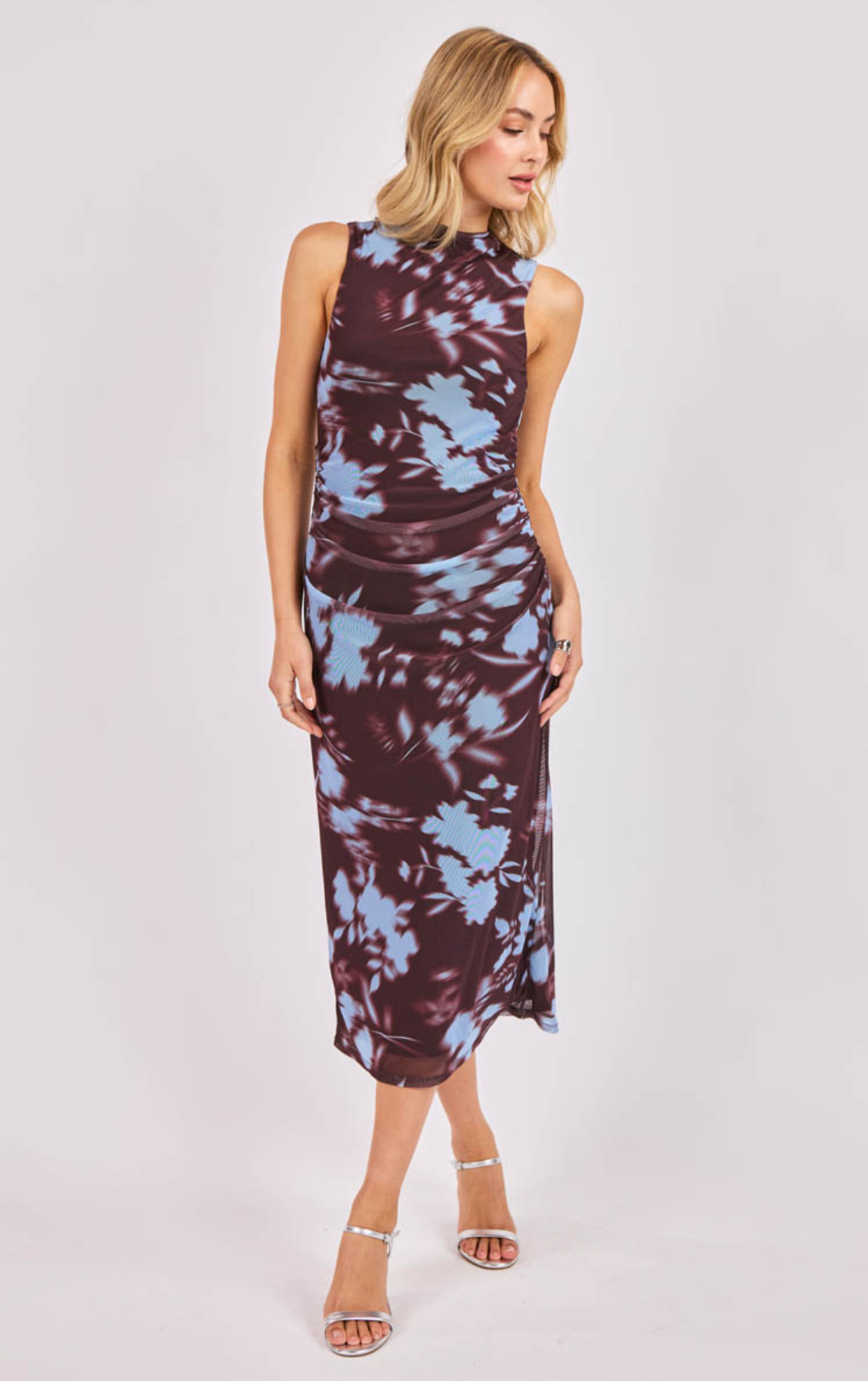 Urban Siren Ruched Midi Dress (Brown/Blue)