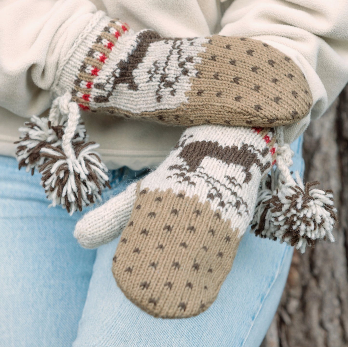 Yuletide Festive Wool Mittens with Pom-Pom Tassels