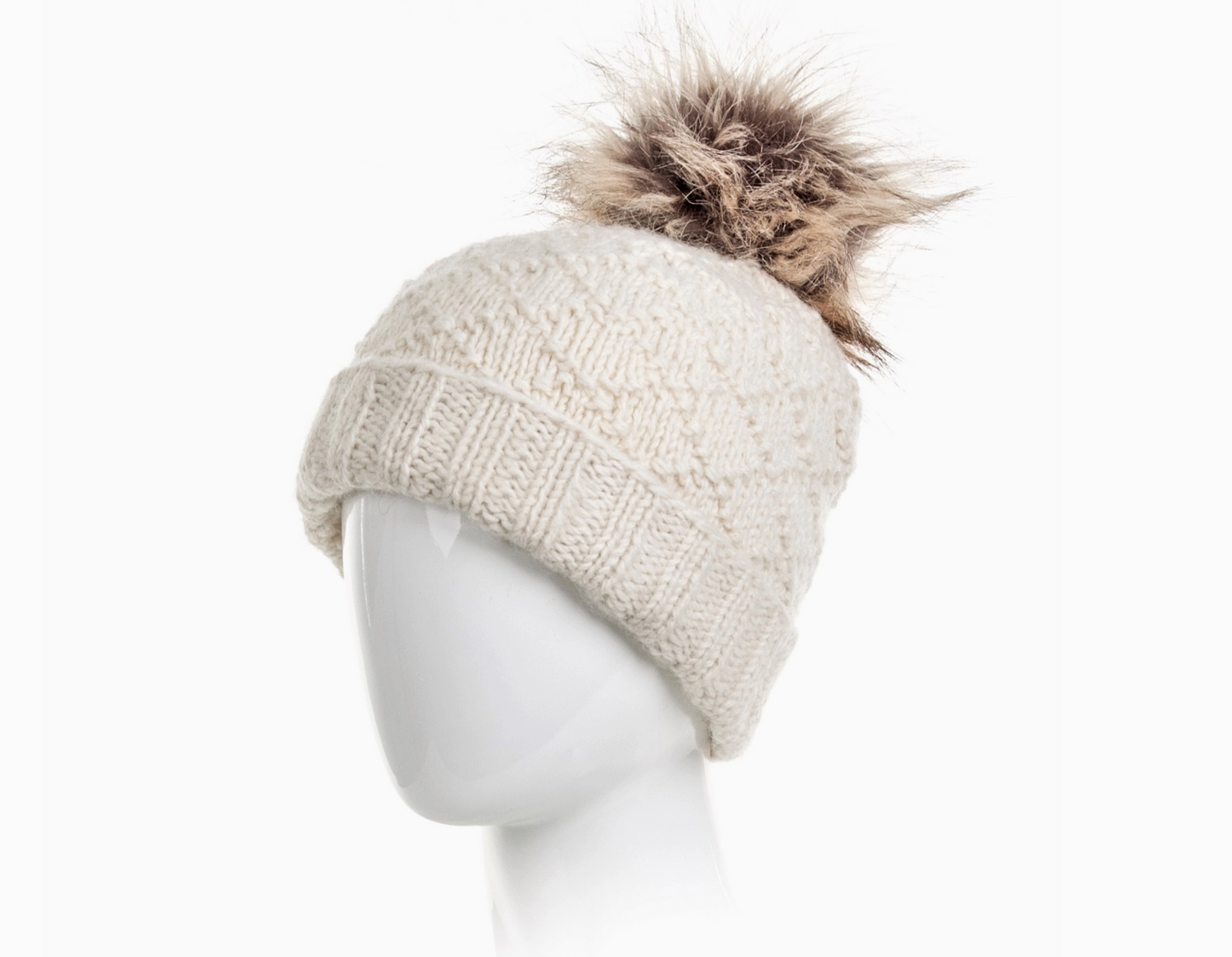 Tiffany Wool Beanie Hat with Faux Fur Pom and Texture Knit