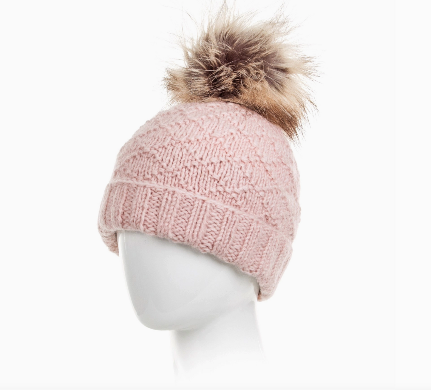 Tiffany Wool Beanie Hat with Faux Fur Pom and Texture Knit