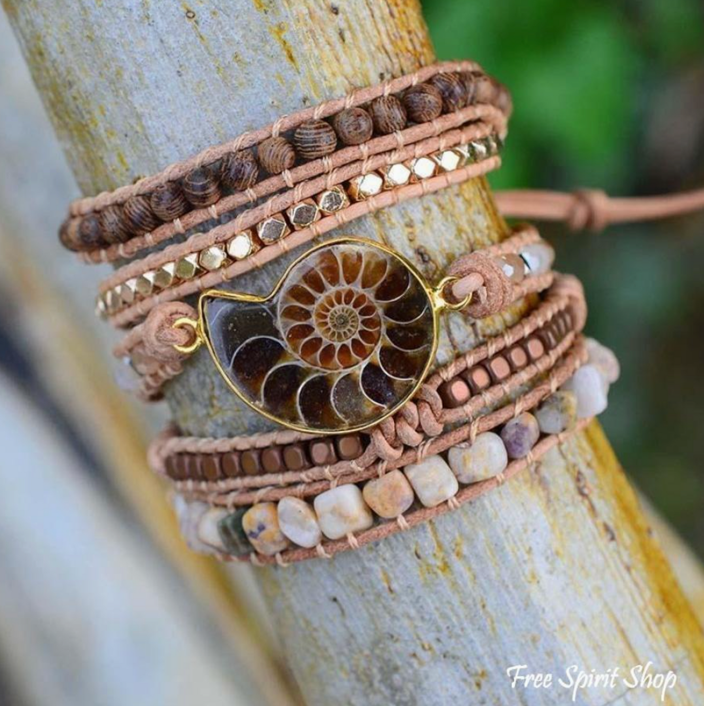 Natural Ammonite Fossil, Sunstone and Wood Beaded Wrap Brace