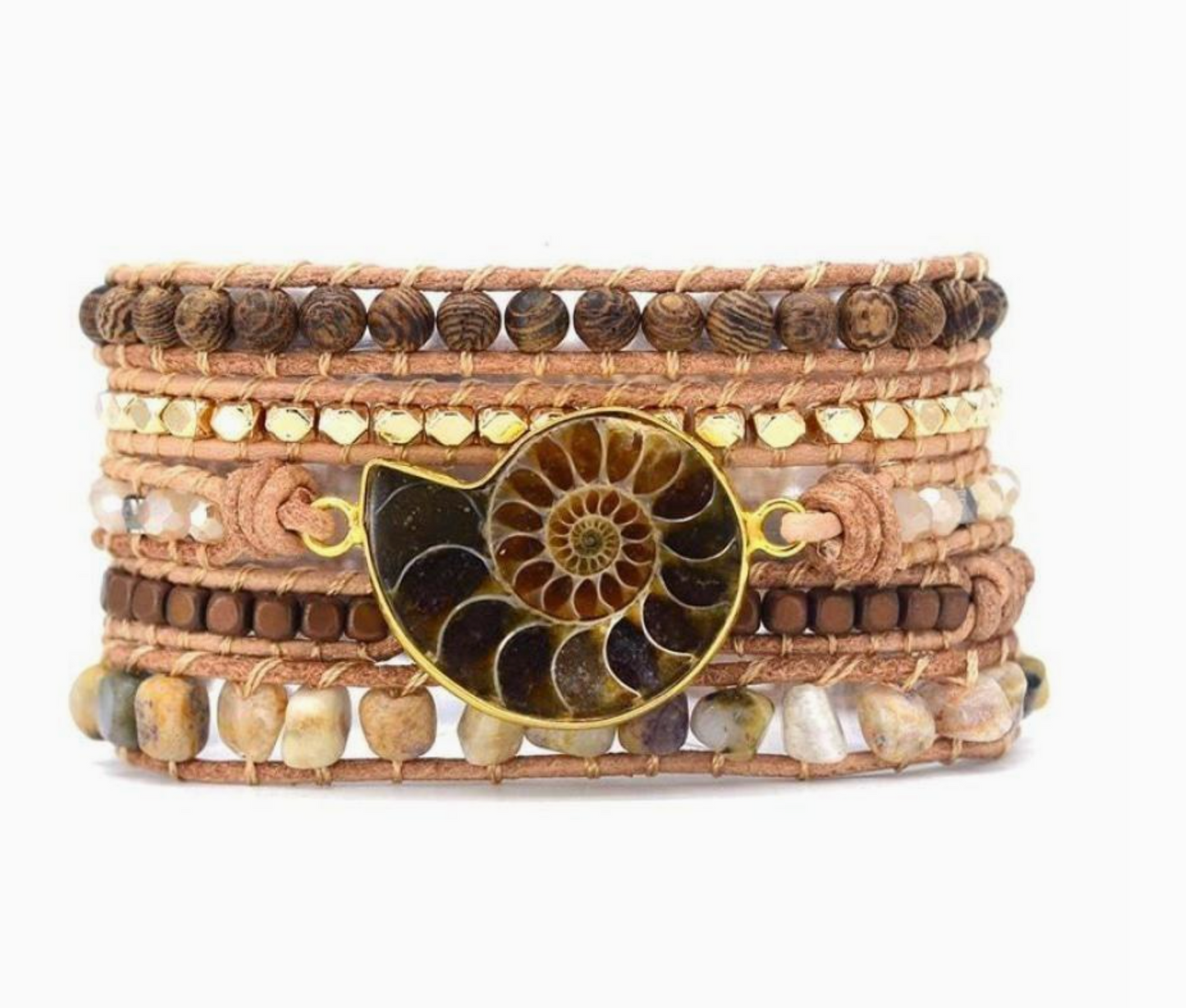 Natural Ammonite Fossil, Sunstone and Wood Beaded Wrap Brace