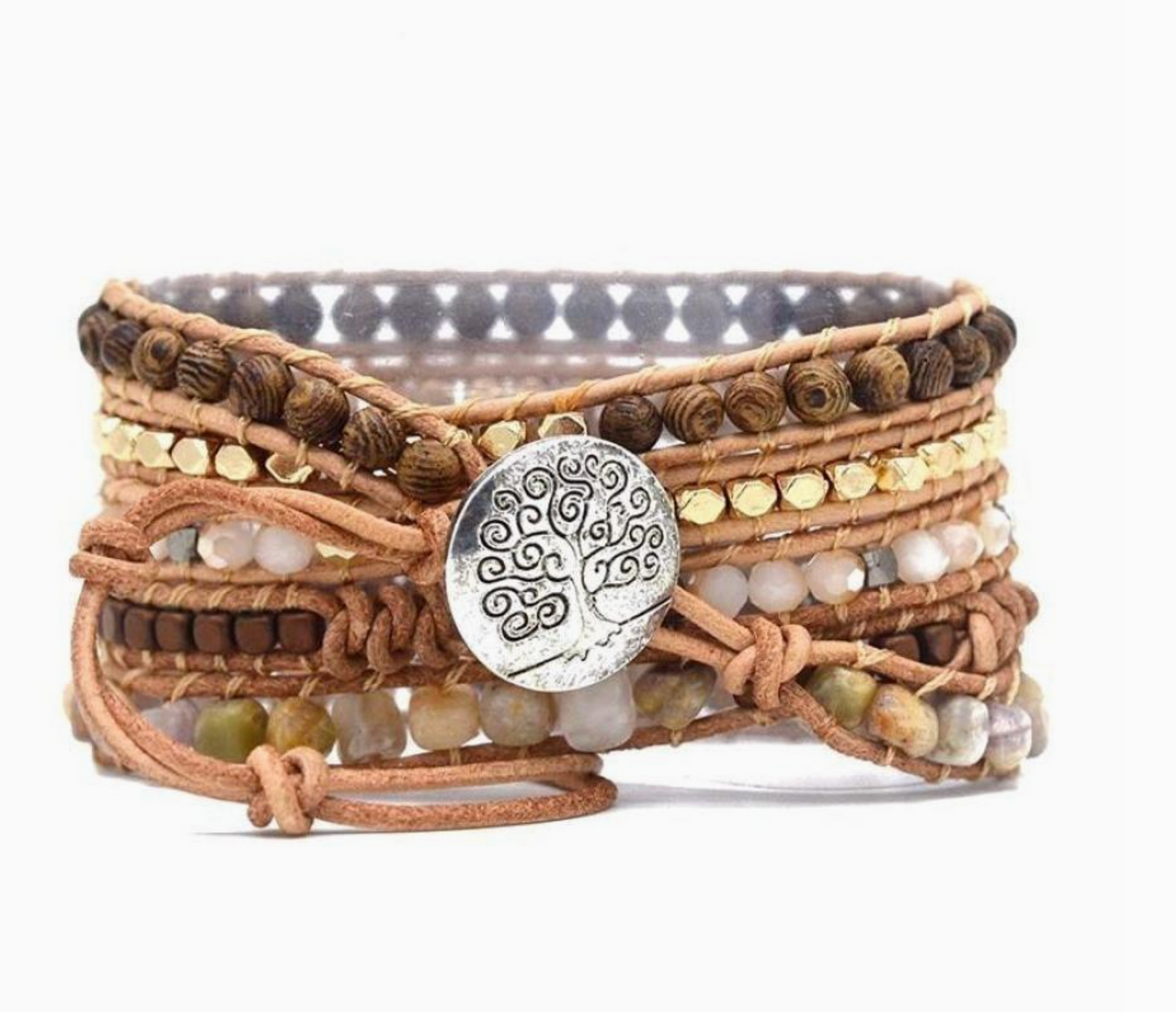 Natural Ammonite Fossil, Sunstone and Wood Beaded Wrap Brace