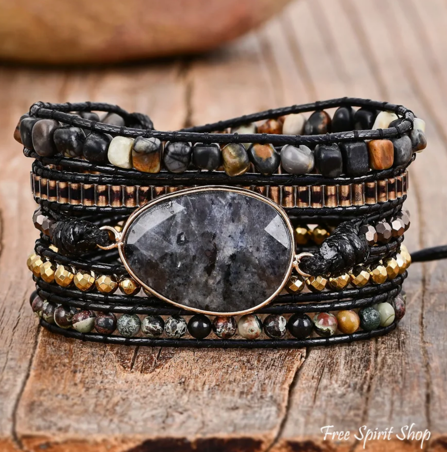 Natural Black Labradorite & Picasso Jasper Wrap Bracelet