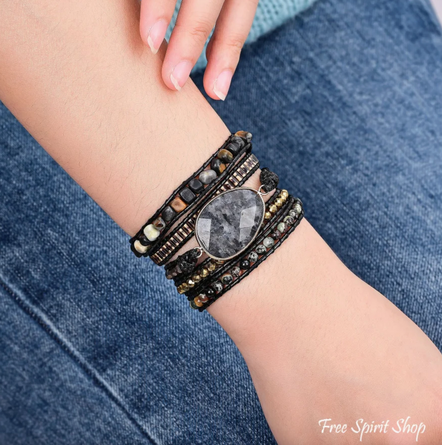 Natural Black Labradorite & Picasso Jasper Wrap Bracelet