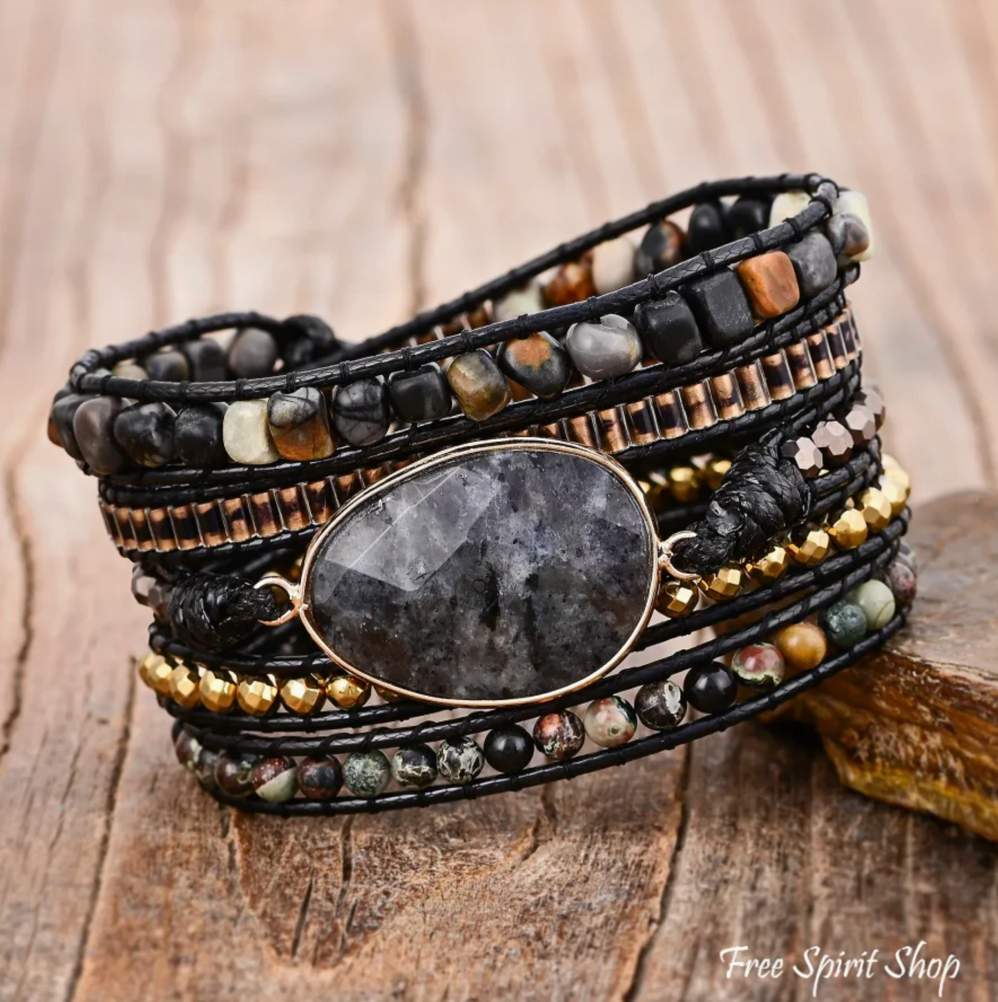 Natural Black Labradorite & Picasso Jasper Wrap Bracelet