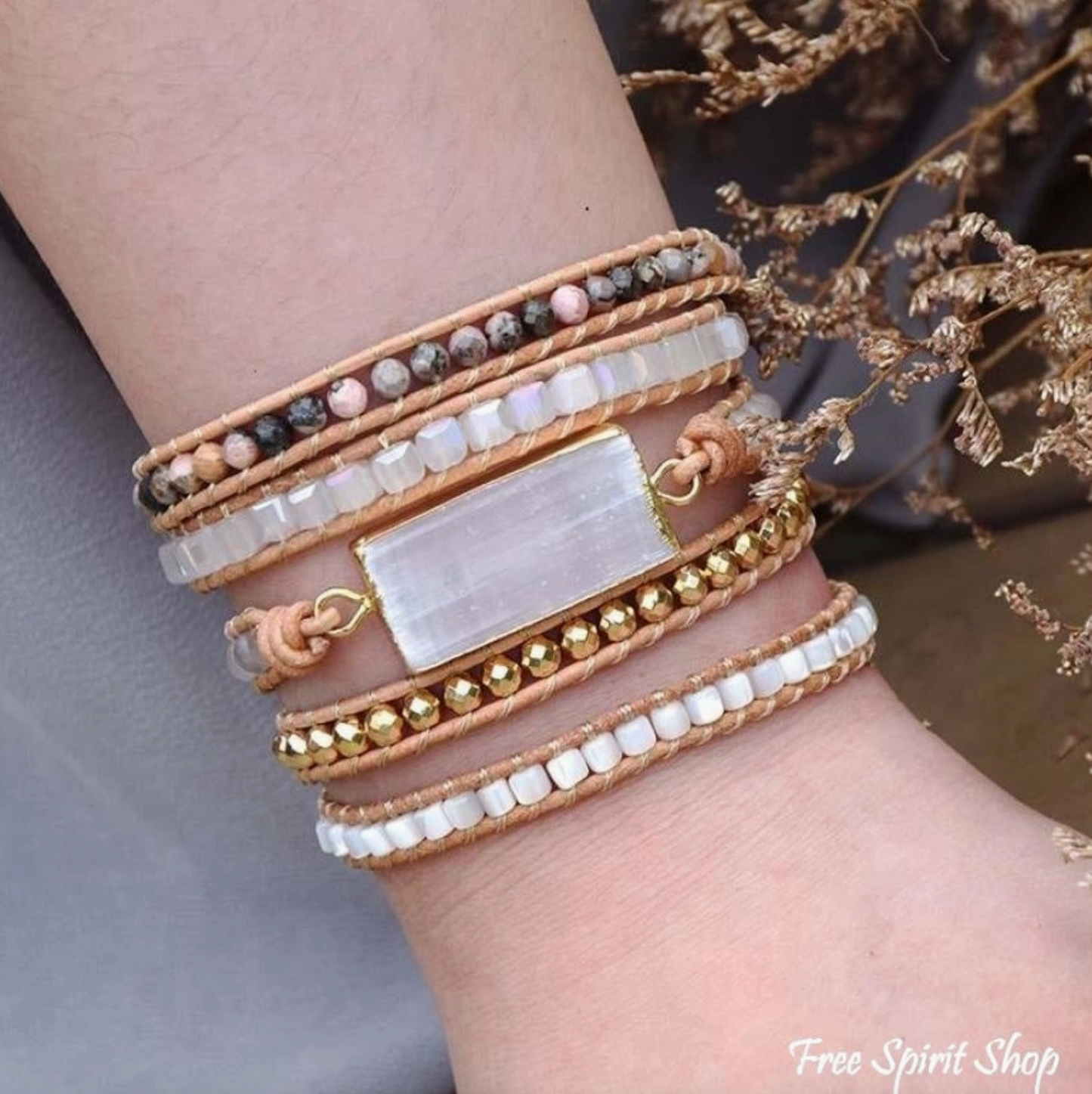 White Selenite & Rhodochrosite Wrap Bracelet