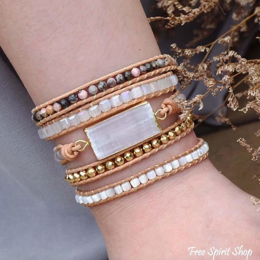 White Selenite & Rhodochrosite Wrap Bracelet