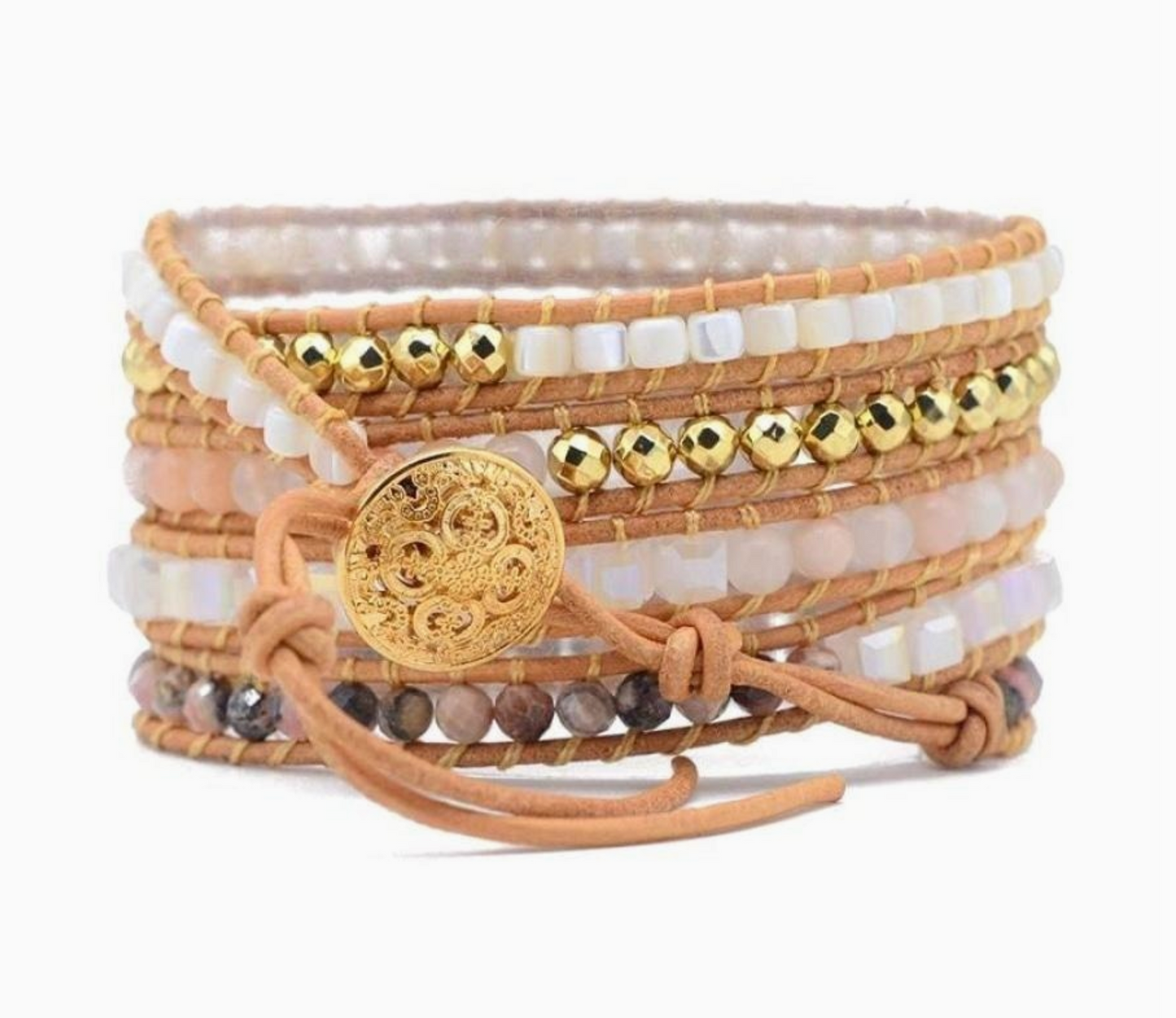 White Selenite & Rhodochrosite Wrap Bracelet