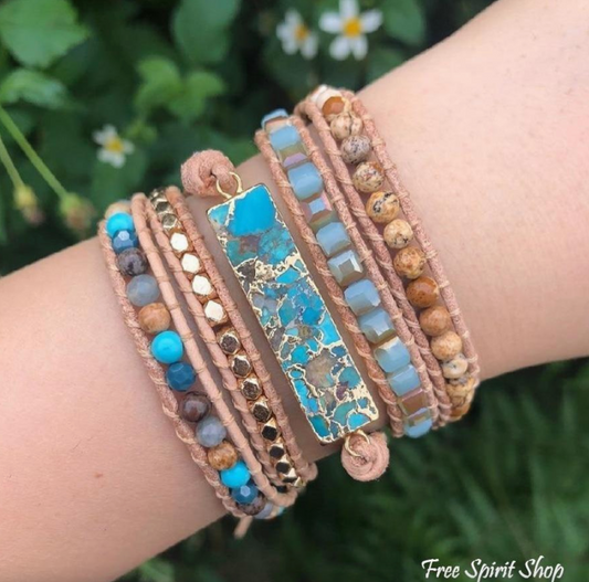 Natural Turquoise & Jasper Beaded Wrap Bracelet