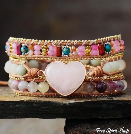 Rose Quartz Heart & Amazonite Wrap Bracelet