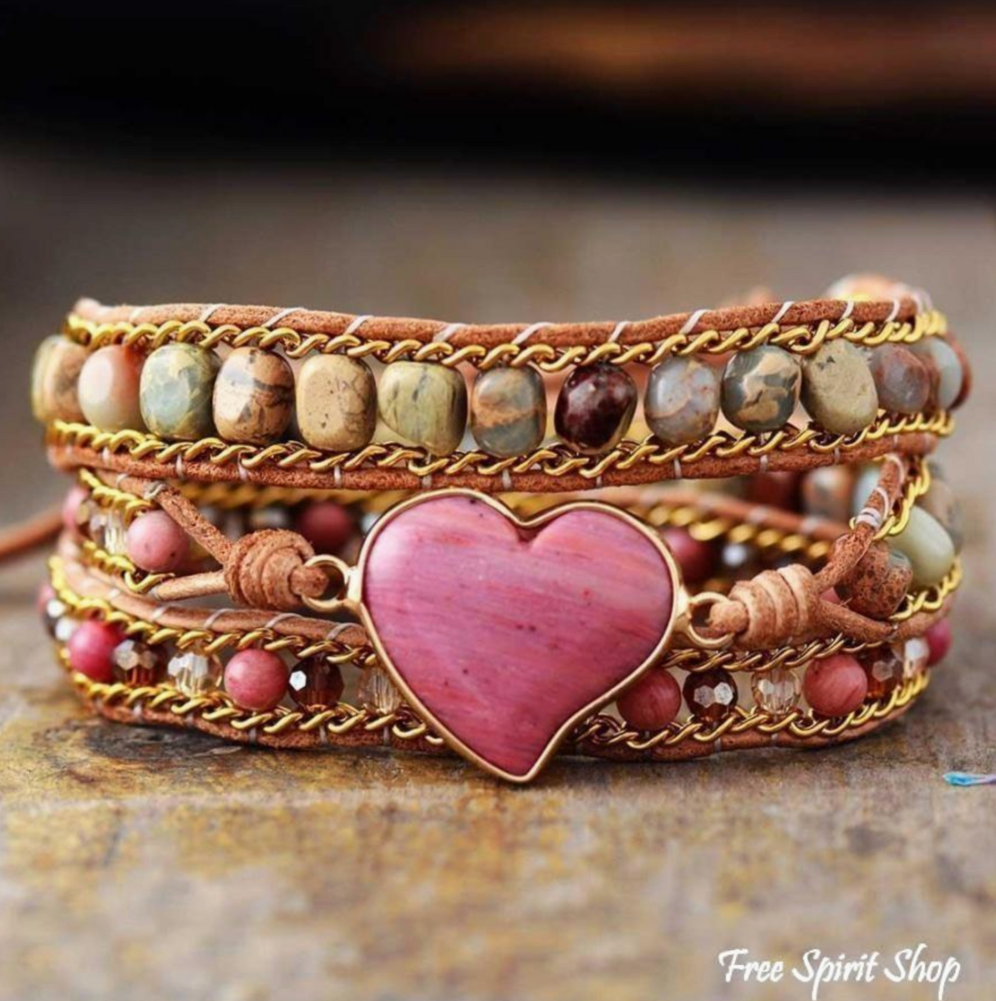 Rhodonite & Jasper Heart Wrap Bracelet, Boho Beaded Strap