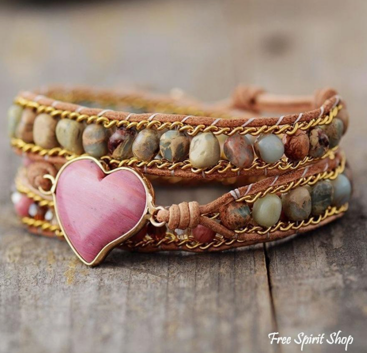 Rhodonite & Jasper Heart Wrap Bracelet, Boho Beaded Strap