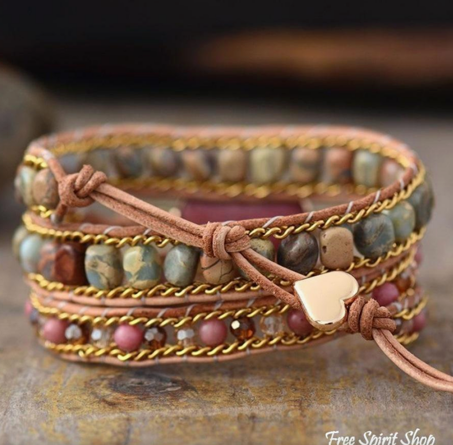 Rhodonite & Jasper Heart Wrap Bracelet, Boho Beaded Strap